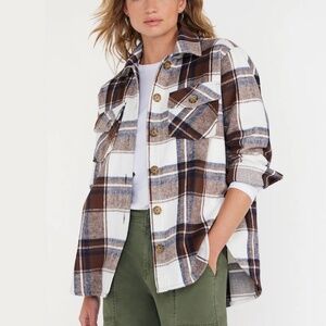 dip - Plaid Button Front Long Sleeve Patch Pocket White Brown Blue Shacket  - 1X